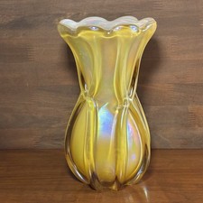Vintage Iridescent Yellow Gold Glass Vase Aur...