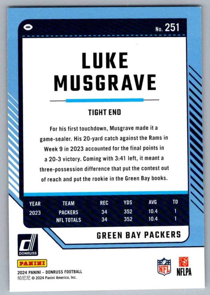 2024 Donruss Luke Musgrave Green Bay Packers #251 - Image 2 of 2