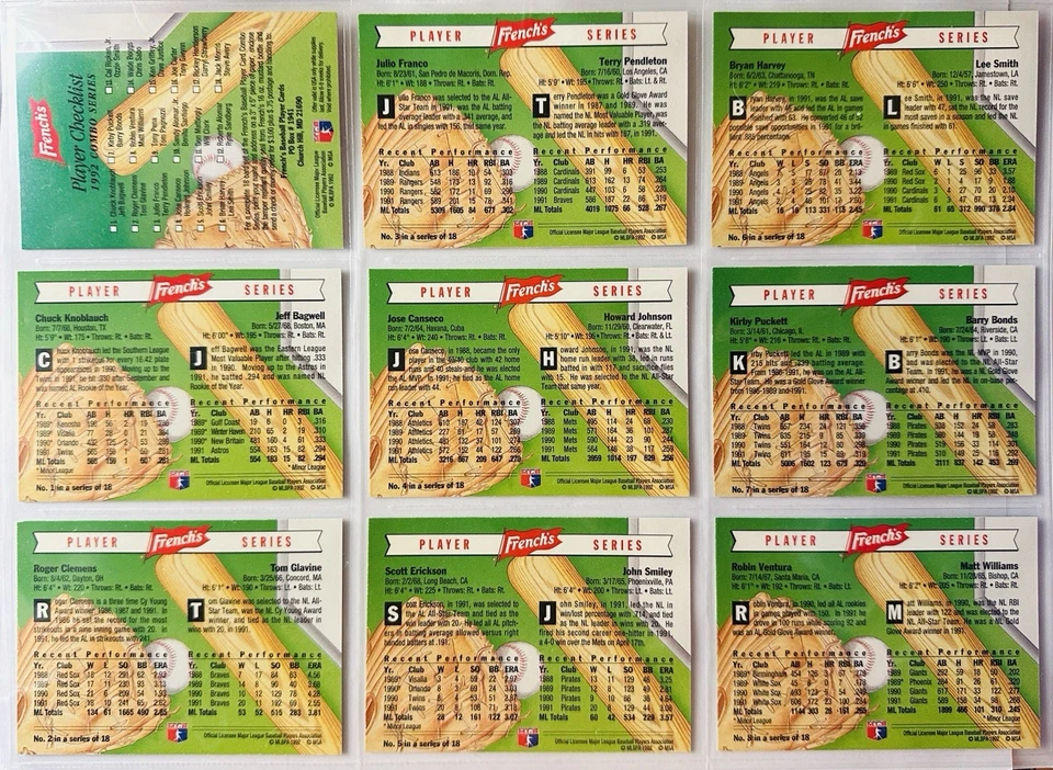 Juego de 18 cartas de béisbol French’s Mustard 1992 Bonds-Griffey-Ripken-Bagwell HOF TES Foto 3 de 4