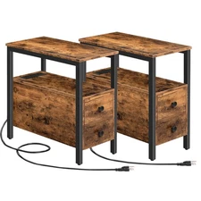 End Table with Charging Station, Narrow Side Table with 2 Drawer & Power Outl...