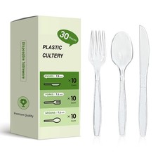 Plastic Silverware Set, 30-Piece Disposable Plastic Utensils for Parties, Cle...
