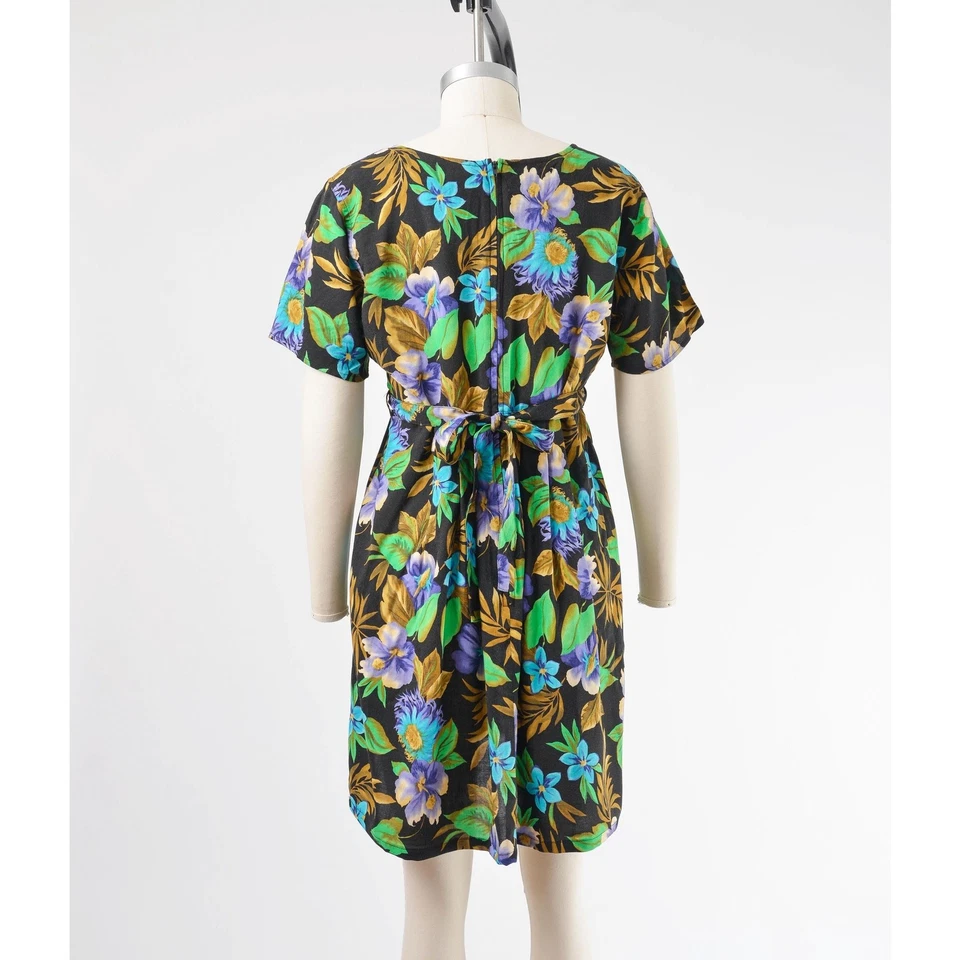 Mini Vestido Babydoll Hawaiano Plisado Floral Tropical Negro Años 90 De Colección S Foto 3 de 4