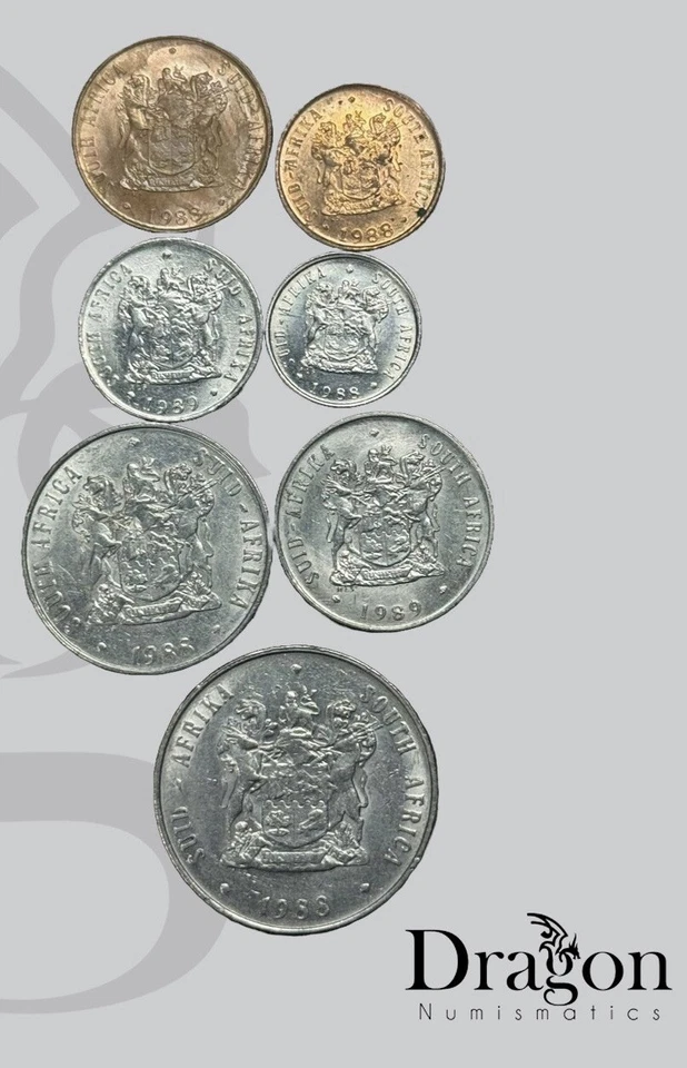 Juego de 7 monedas sudafricanas 🇿🇦 1 2 5 10 20 50 centavos 1 rand 1988 - 1989 Foto 2 de 2
