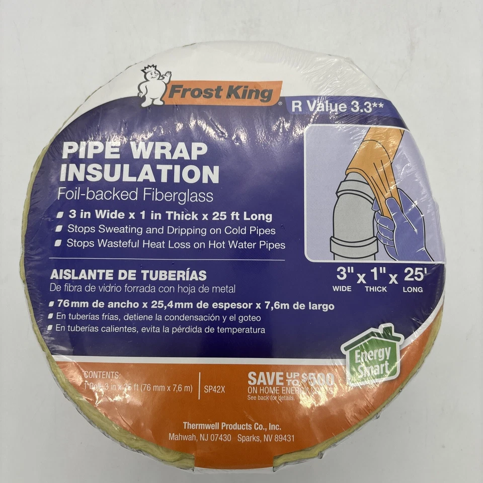 Frost King Foil Backed Fiberglass Pipe Wrap, 3"x1"x25' NEW