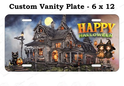 Halloween Haunted Mansion Witch Cat License Plate Metal Tag Auto ATV Car Bike RV