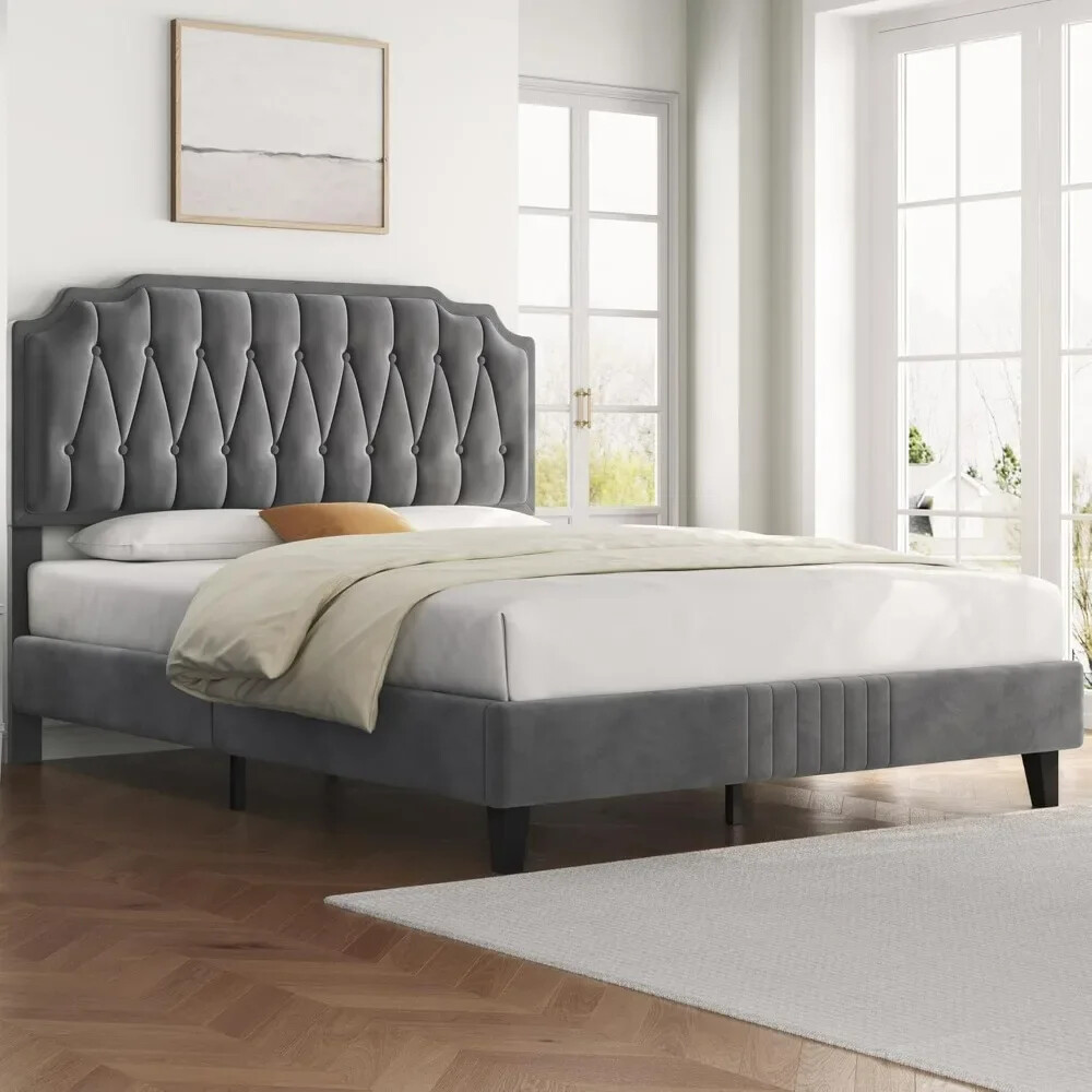 Bed Frame Velvet Upholstered Platform Bed w/h Curved Headboard Height Adjustable-image