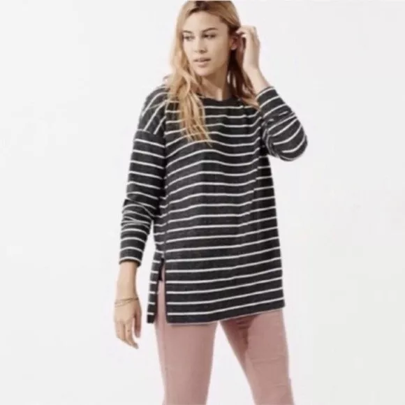 Lou Grey Loft Striped Crew Neck Side Zip Tunic Sweatshirt Pullover Medium