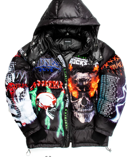 NWT Rockstar Original BLACK NASH GRAPHIC PRINT PUFFER JACKET Size Large | eBay
