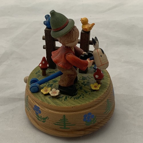 Anri Music Box Boy On Stick Horse Animals Birds Chariots Of Fire Hand Crafted - Picture 2 of 10