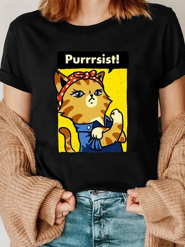 Women's Casual Crew Neck T-shirt with Fun Cat Print and Loose Fit