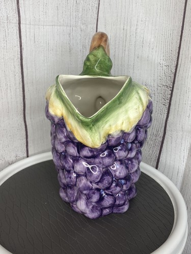 Majolica Style Hand-painted Pitcher ~ Grape and Vine Motif ~ Made In Portugal - Picture 2 of 12