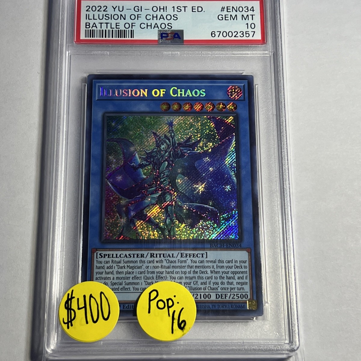 PSA 10 YuGiOh! Illusion of Chaos 1st Edition BACH EN034 Secret Rare Pop 16! PSA 10 YuGiOh! Illusion of Chaos 1st Edition BACH EN034 Secret Rare Pop 16!