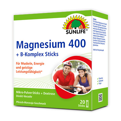 SUNLIFE  Magnesium 400 B-Komplex Sticks Pfirsich-Maracuja Muskeln Knochen Energi
