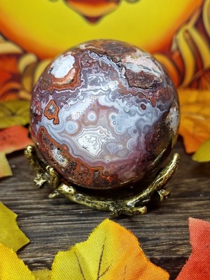 Wunderschöne druzy rote mexikanische Achat Kugel Kristall 53mm 212g & Bronze Geweih Ständer