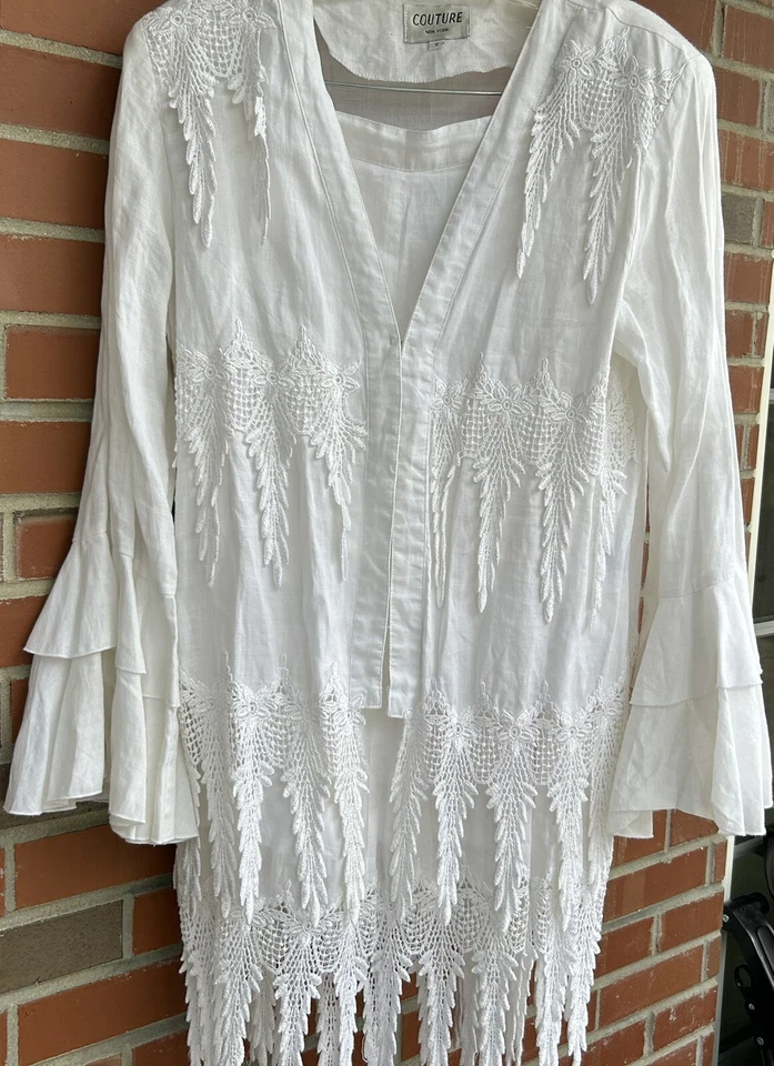 Conjunto de chaqueta falda de dos piezas de lino y encaje Battenburg vintage para mujer blanca talla 12 Foto 2 de 4