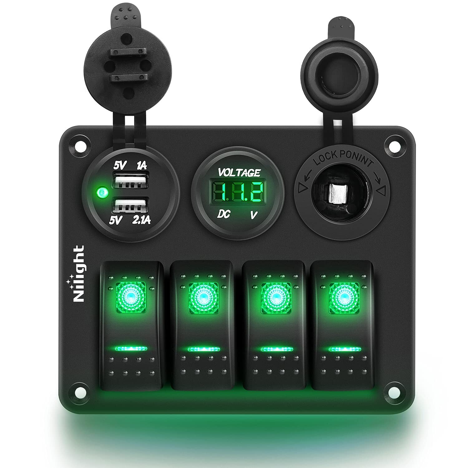 Nilight 4 Gang Rocker Switch Panel with USB Charger Voltmeter and Cigar Lighter