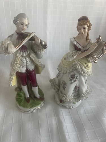 Pair of Victorian Man & Woman Porcelain Figurines Playing Violin Harp Musicians - Picture 2 of 19