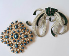 Green & Metalic Blue 2 Large Rhinestone Brooches Emerald