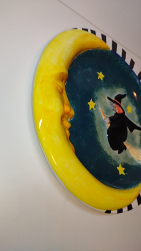 Halloween Flying Broomstick Witch Plate Platter Dish Moon Stars Striped 3D 13" - Video 1 of 1