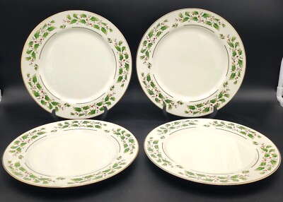 HTF Set/4 Potter & Smith Holly Gold Trim Ivory Dinner Plates 10-3/8'' Christmas 