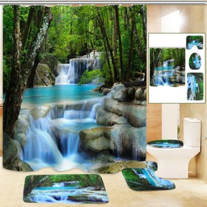 3D Waterfall Scenery Bathroom Shower Curtain Toilet Cover Mat Non-Slip Rug Set
