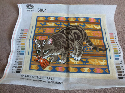 Collectible Needlepoint Sampler Worked Ready to Frame Cat w/Cat toy 14 1/2 x 12''