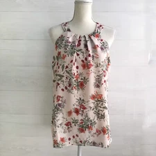 Violet & Claire - Pink floral sleeveless pleated neck chiffon top, L