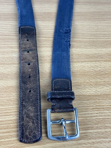 Coach Canvas / Cotton Belt Mens Blue 38/95 M Brown Leather Brass Buckle Distress - Picture 2 of 15