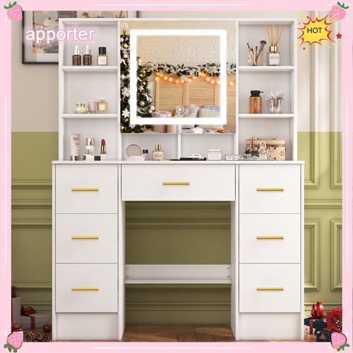 White Vanity Desk Dressing Table w/ LED Lighted Mirror, 7 Drawers Makeup Dresser - Picture 4 of 11