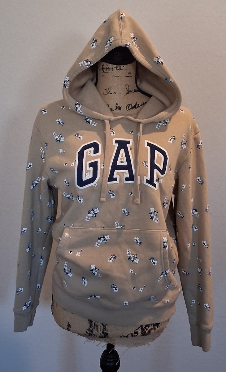 GAP Tan Cream Pullover Hoodie Floral Navy/ White Pattern & Logo COMFY SMALL