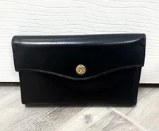 Vintage BOSCA black  Wallet Full Grain Leather Bifold Checkbook Kiss Lock Coin