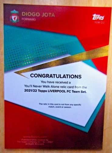 DIOGO JOTA YOU'LL NEVER WALK ALONE RELIC CARD 2021/22 TOPPS LIVERPOOL FC TEAM SE - Imagen 2 de 2