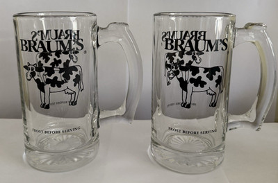 2 Braum's Set of Cow Glass Mugs Frost Before Serving Milk Shake Root beer Float