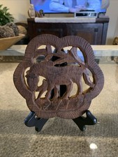 Zebra Horse Wooden Vintage Trivet Hand Carved  Made In India Round 5.5&rdquo; Safari