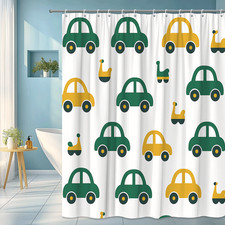 Kids Car Shower Curtain - Green and Yellow Vehicle Design for Bathroom