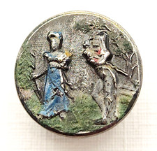 Antique 1 Pc Pewter French Fops Picture Button w/ Enamel Trim ~ just over 1/2"