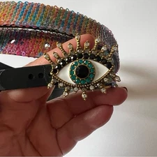 KURT GEIGER LONDON RAINBOW SEQUIN CRYSTAL EVIL EYE BELT SIZE M/L NWT