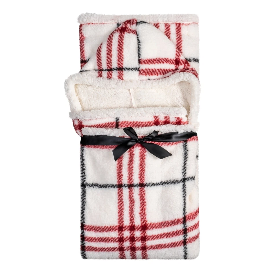 Hooded throw wearable blanket red and white plaid reversible sherpa - Image 3 of 3