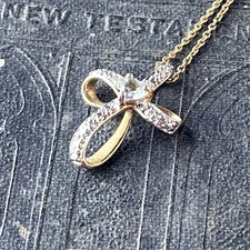 Vtg 925 Sterling Ribbon Cross Pendant - CZ Blue Stone - Italy 925 Chain - 18”