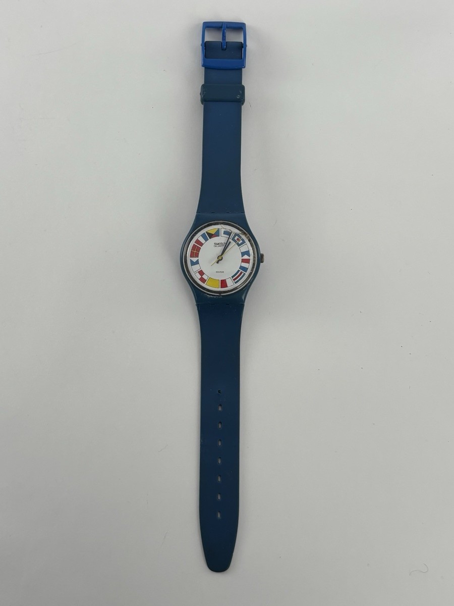 1954年　レトロスウォッチGS101、12フラッグスウォッチ VTG 1984 Swatch GS101 12 Flags 36mm Blue Quartz Watch w/Band