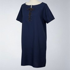 Sundance Dress L Navy Blue Leather Lace-Up Boat Neck Shift Lightweight