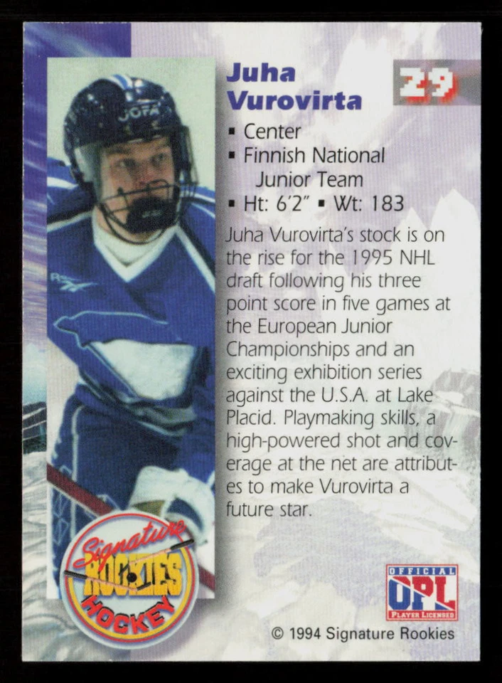 Juha Vuorivirta 1994-95 Signature Rookies Authentic Signatures #29 Auto Finland - Image 2 of 2