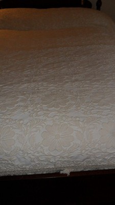 VINTAGE EUROPEAN FLORAL BROCADE COTTON BLEND FULL IVORY BEDSPREAD