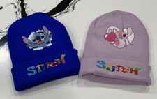 Stitch Inspired Embroidered Beanie Hat Set Blue Pink Cuffed Knit Caps Pair
