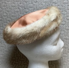 Vintage Beige Mink Pillbox Hat Satin Top OS S M