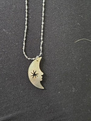 Abalone Shell Carved Half Moon Pendant With Delicate Silver Chain