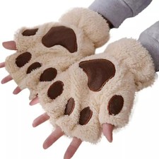 Winter Cute Mitten Soft Half Finger Gloves Warm Paw Cat Claw- Beige