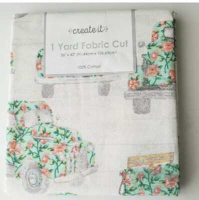 Create It Fabric Vintage Truck Floral Flowers Aqua Teal 100% Cotton 1 Yard Cut