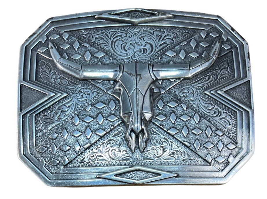 Nocona Western Belt Buckle Longhorn Steer Head Skull Silver 37680
