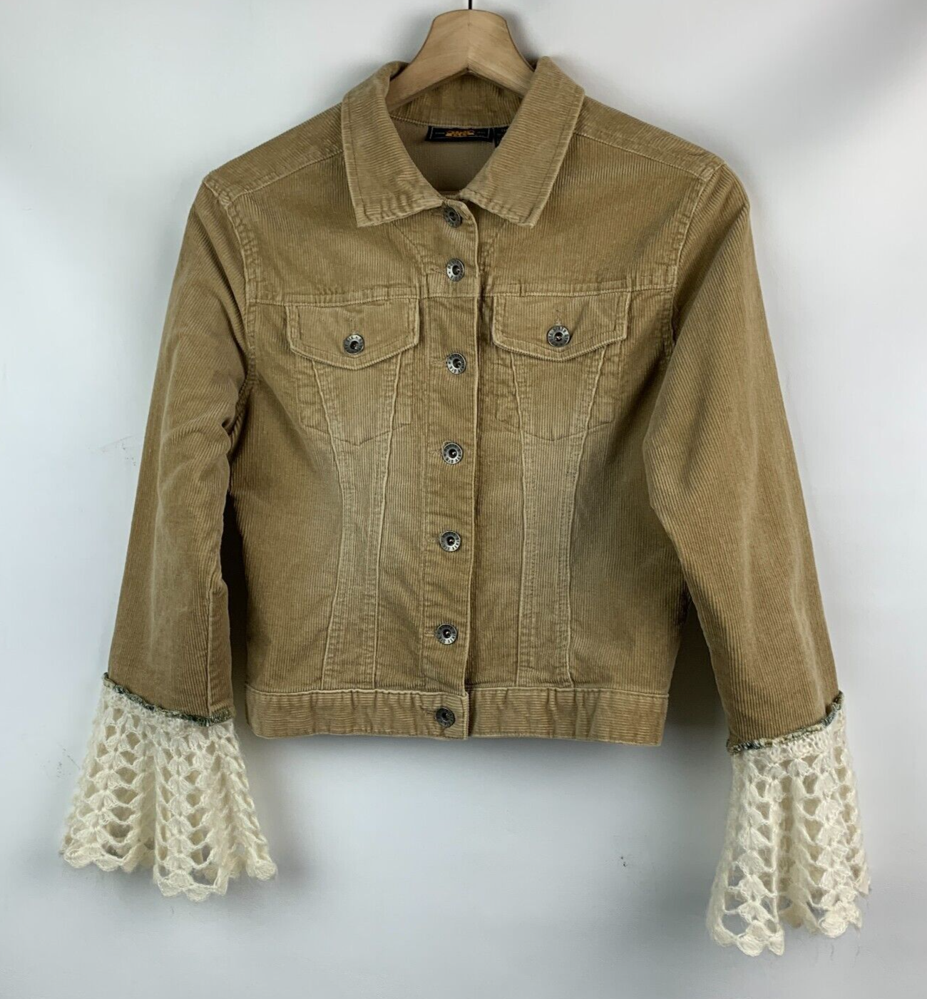 ALTRA Giacca Route 66 marrone velluto a coste beige orlo all'uncinetto colletto bottoni tasche taglia S